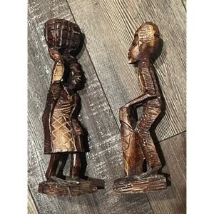 VTG -2 pc- Wood Hand Carved African Tribal Statue Figure Man 12" Sculpture Women